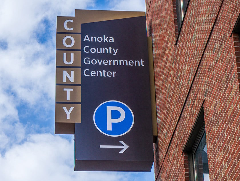 Anoka County Government Center Parking Garage projecting sign on building exterior