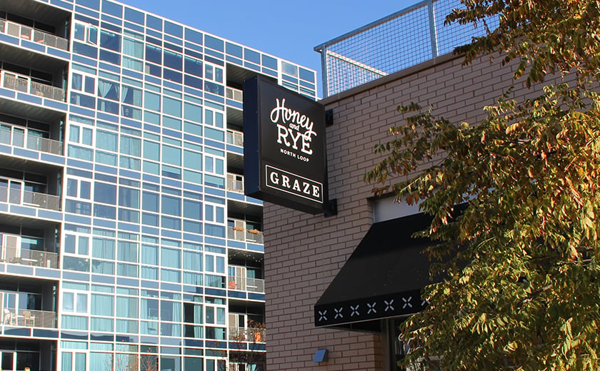 Honey and Rye, Graze projecting sign on a building 